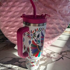 Floral Insulated Travel Mug with Straw - Pink and Multicolor